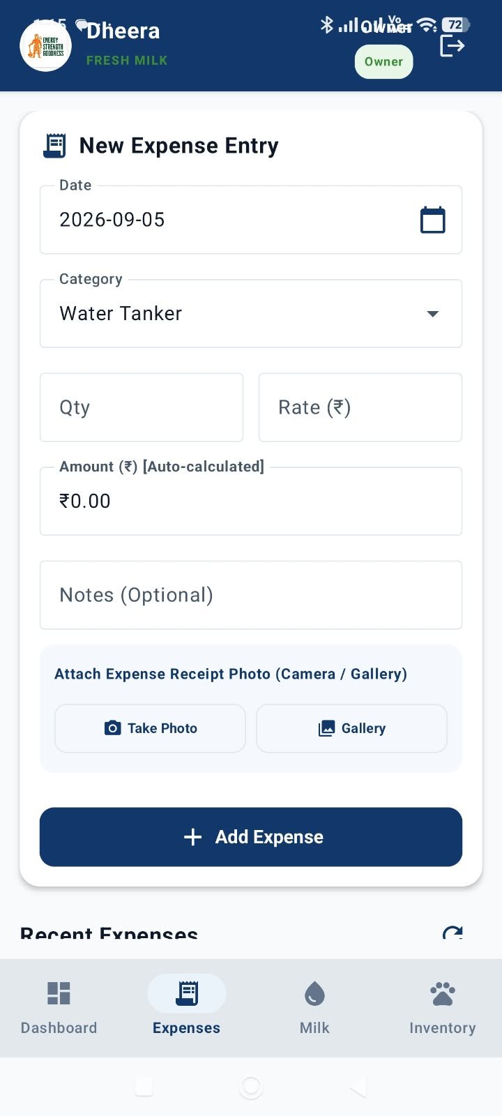 Dheera Dairy Farm expense entry screen with date, category, quantity, rate, notes and receipt photo attachment