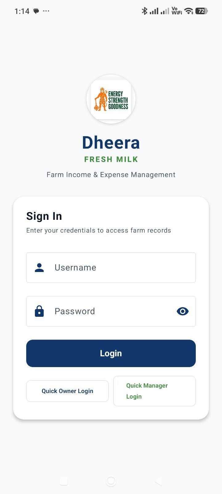 Dheera Dairy Farm sign-in screen with username and password fields