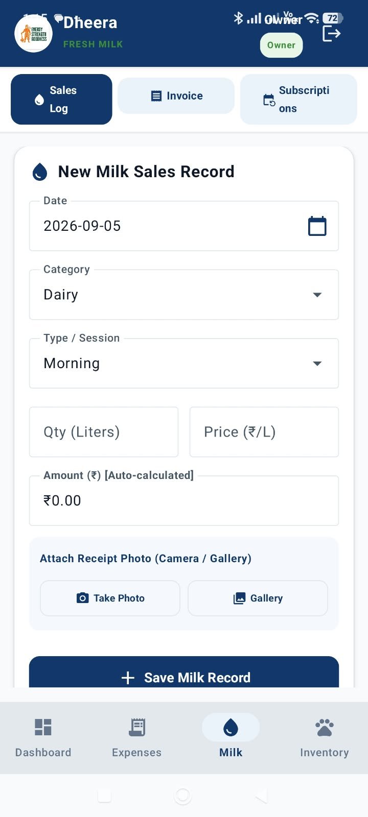 Dheera Dairy Farm milk sales entry screen with date, category, session, quantity, price and receipt photo attachment